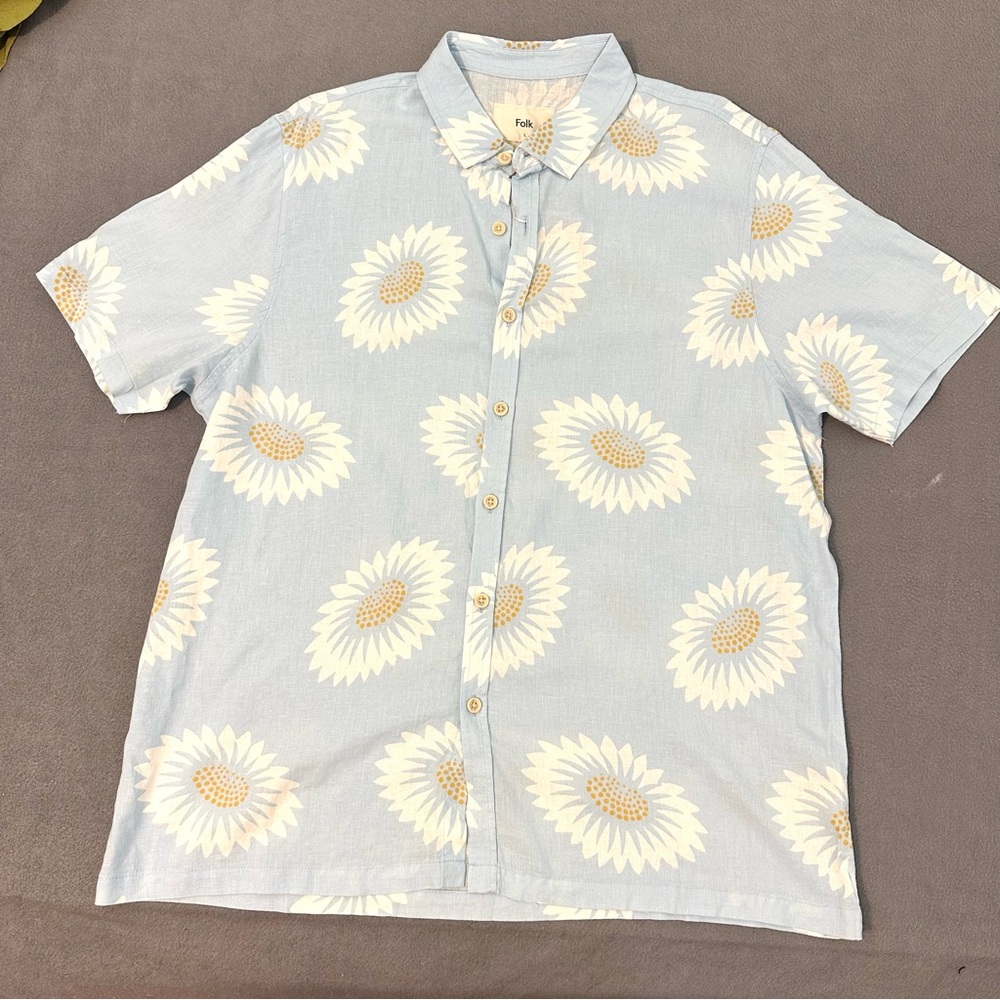 Folk Linen Blend Short Sleeve Button Up Shirt Mens Large